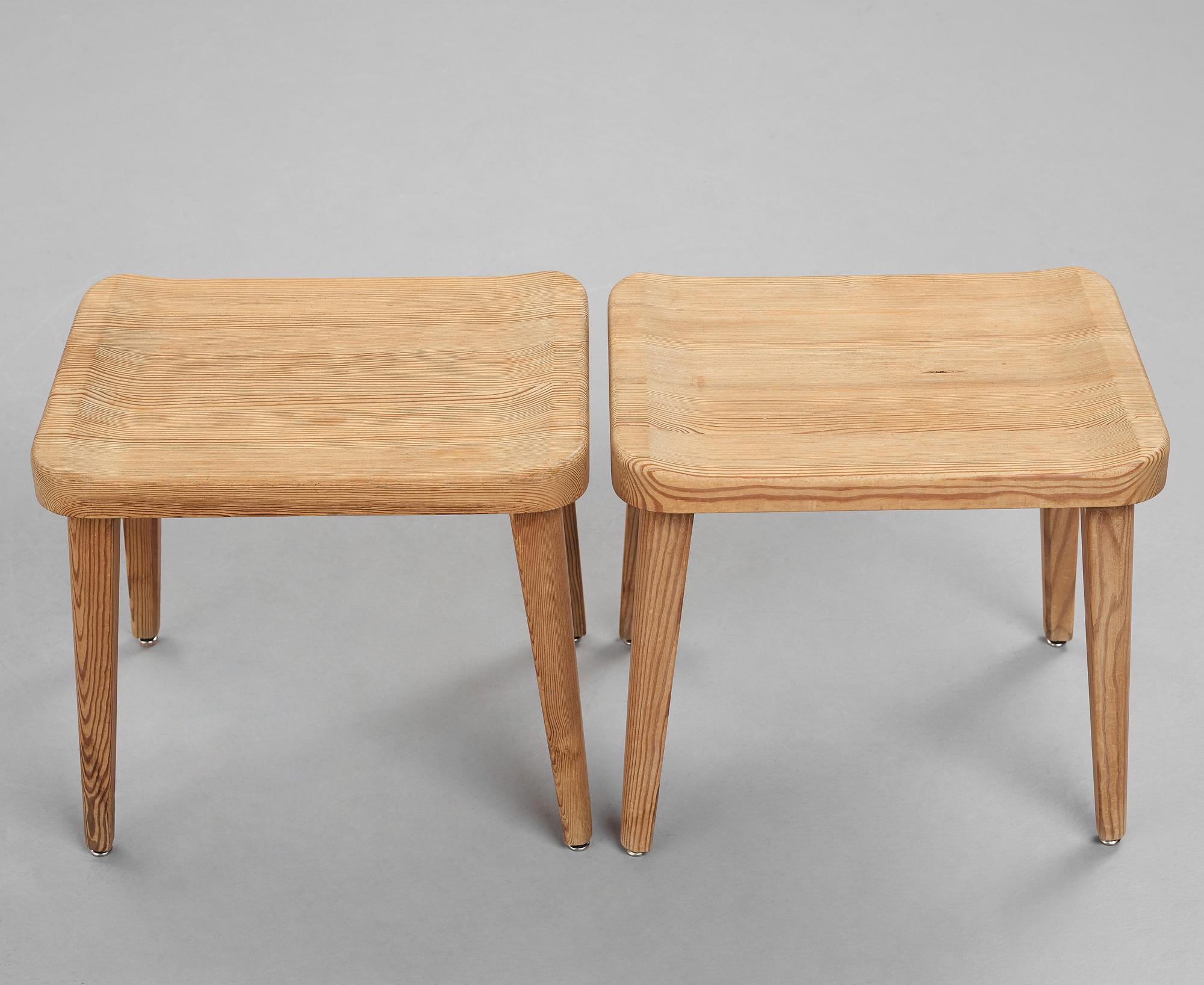 Axel Einar Hjorth, attributed to, a pair of stained pine stools, Nordiska Kompaniet, Sweden 1930's.