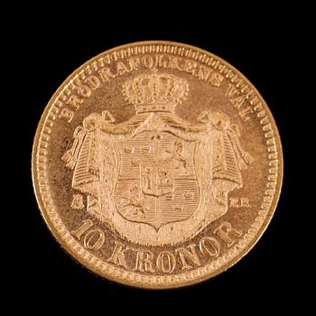 GULDMYNT, 10 kronor, Oscar II, 1894.  Vikt ca 5 gram.