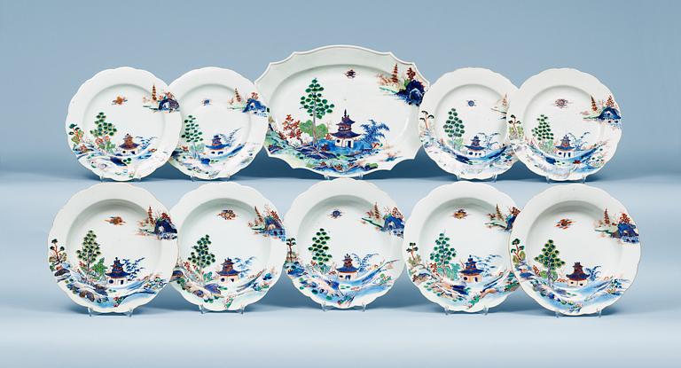 A famille rose and blue and white part dinner service. Qing dynasty, Qianlong  (1736-95).