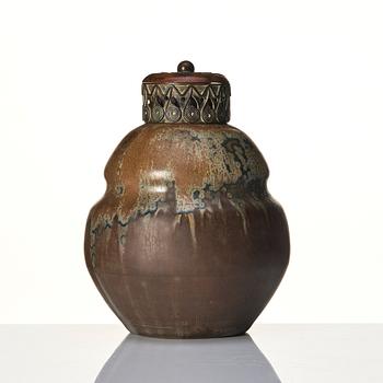 Patrick Nordström, attributed to, a stoneware urn with lid and mouth of patinated bronze, Royal Copenhagen, Denmark circa 1900.