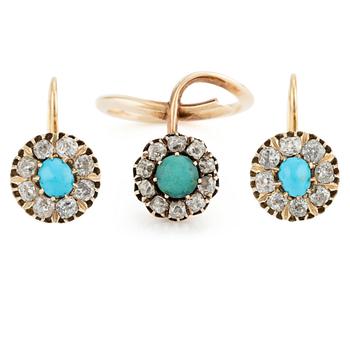 528. A 14K gold ring and a pair of earrings with turquoises and old cut diamonds.