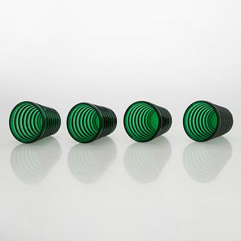 Aino Aalto, drinking glasses, 4 pcs, model 4052, and plate 'Bölgeblick', Karhula Glassworks, 1930s.