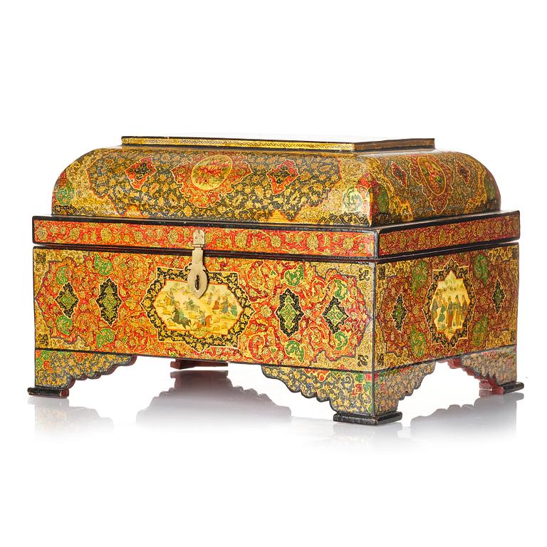 A large persian 'Safavid Revival' lacquer papier-mâché casket, Qajar dynasty.