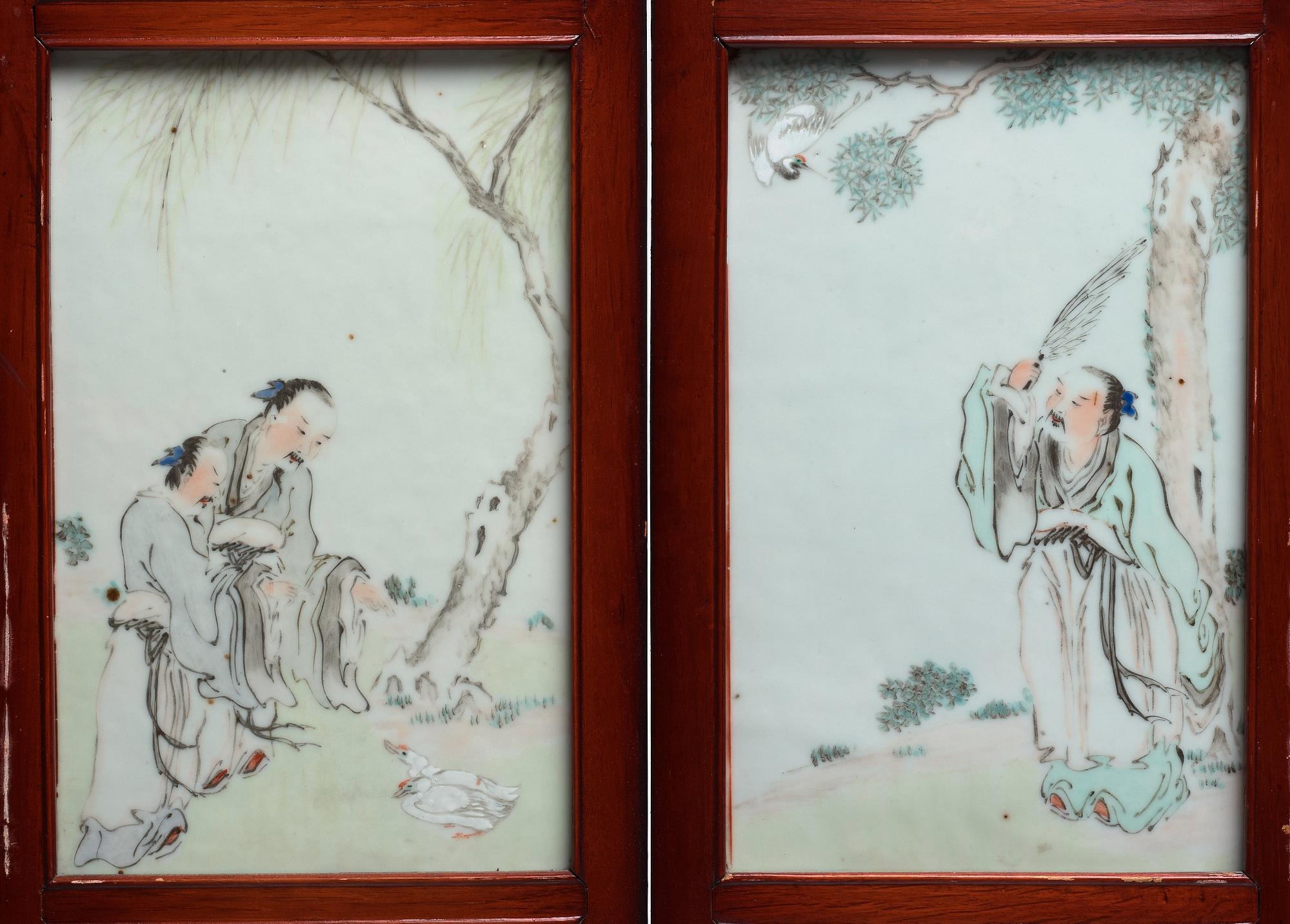 A Chinese folding screen with 48 porcelain tiles, late Qing dynasty, signed Ren Huanzhang, and dated 1881.