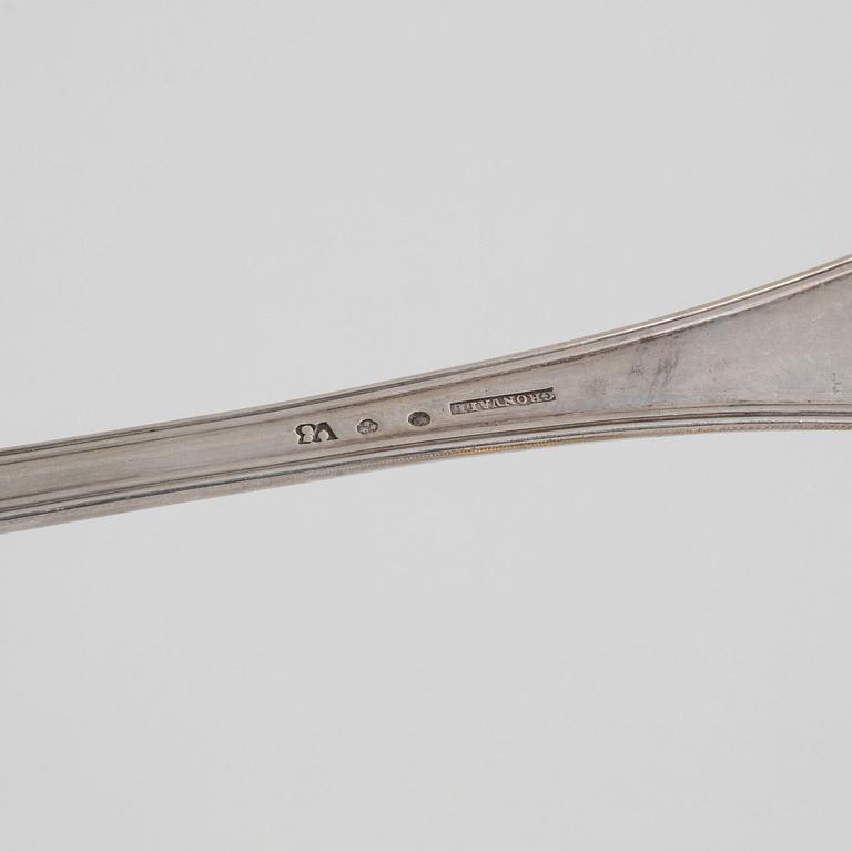 Two silver serving spoons, including Johan Petter Grönwall, Stockholm, 1827, and unidentified master, Stockholm, 1821.