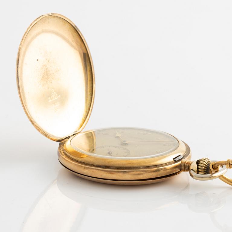 Pocket watch, 14K gold, chain 18K gold, "G. Moström Stockholm", hunter, 51 mm.