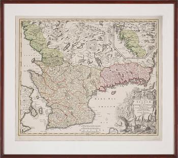 Johann Baptist Homann · JOHANN BAPTIST HOMANN, handkolorerad etsning, karta över Skåne, 1700-tal.