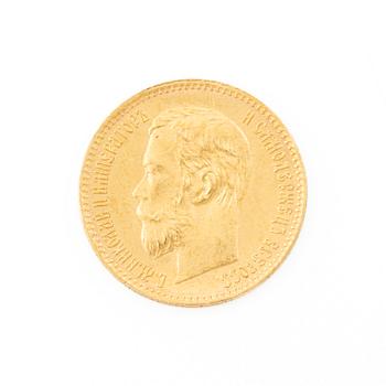 Gold coin, Nicholas II, Russia, 5 Rubles, 1898.