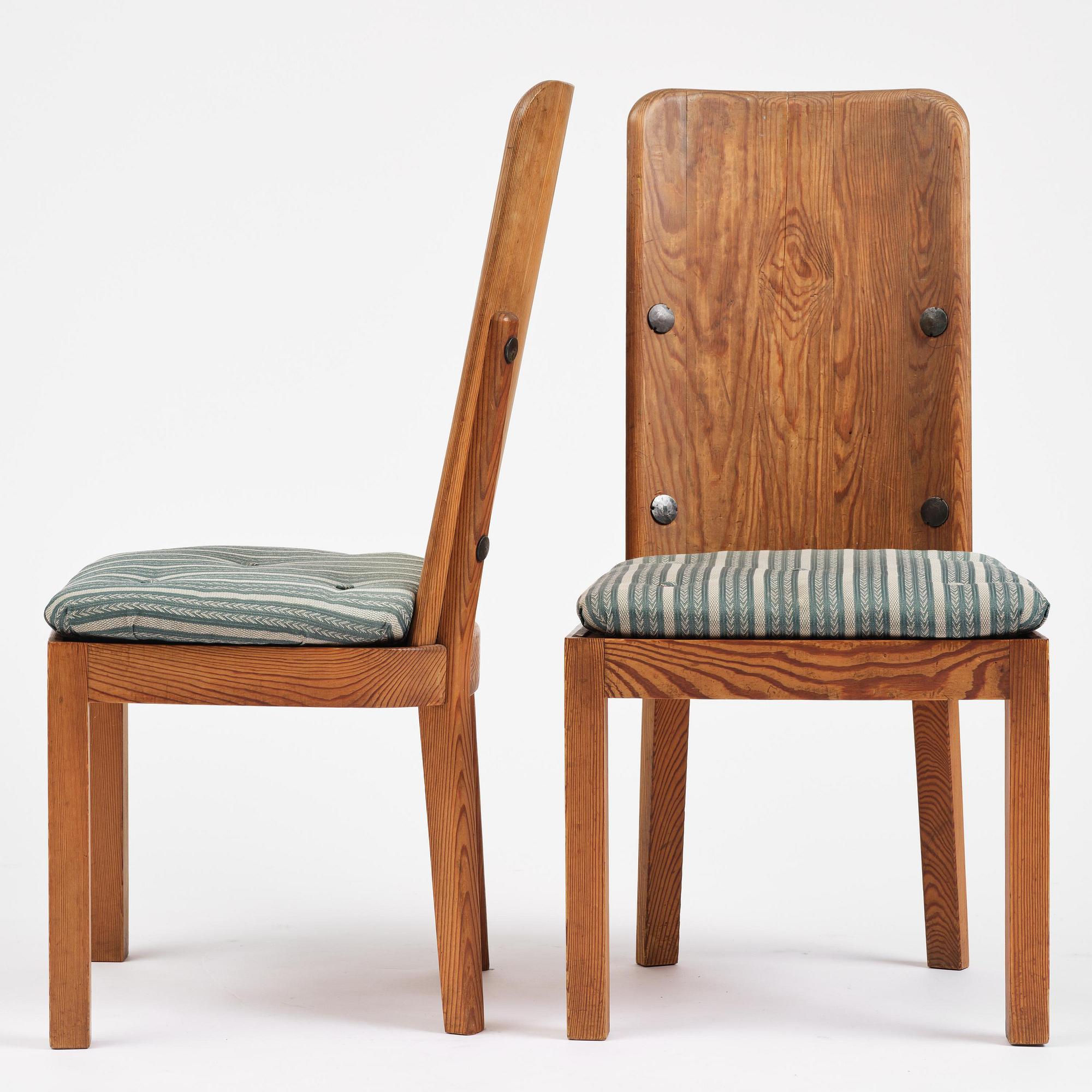 Axel Einar Hjorth, a set of six stained pine "Lovö" chairs, Nordiska Kompaniet, Sweden, 1930s.