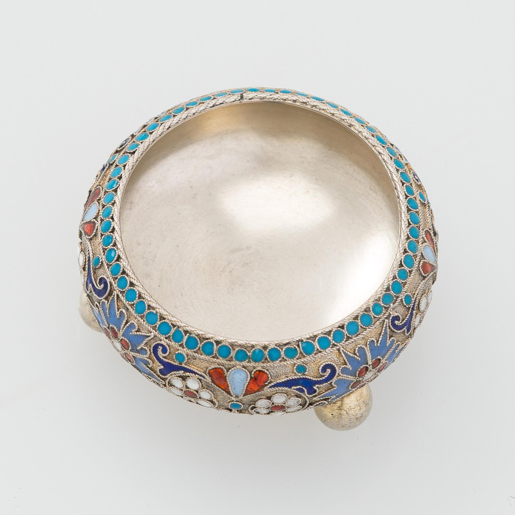 A silver parcel-gilt, cloisonné enamel salt cellar, 1890s.