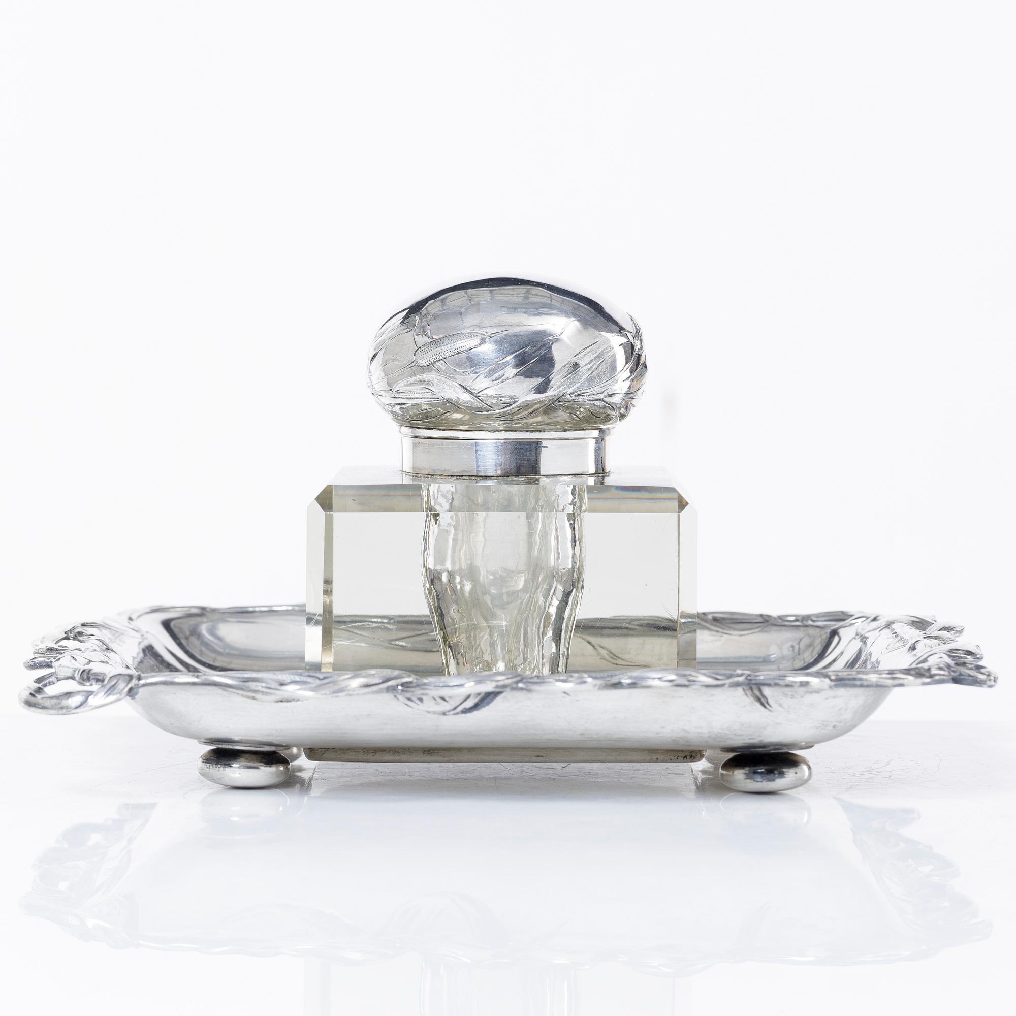 K Anderson, inkstand, silver and glass, Stockholm, 1900-1902,