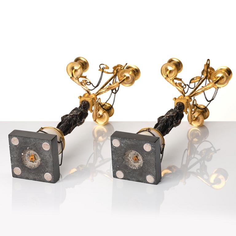 A pair of late Gustavian circa 1800 three-light candelabra, attributed to F L Rung.