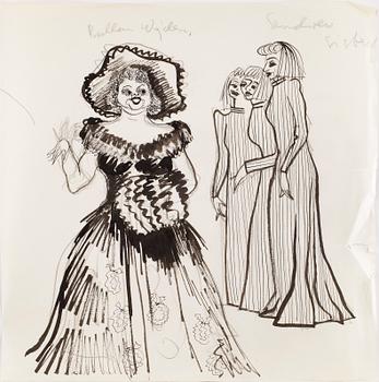 MAX GOLDSTEIN, dräktskisser, teckningar, blyertsskisser, tygprover, ca 30 st, vissa daterade o signerade.