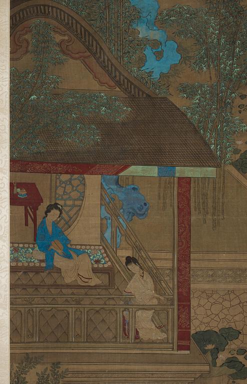 A hanging scroll of a garden scenery with court-ladies and attendants, Qing dynasty, 19th century.