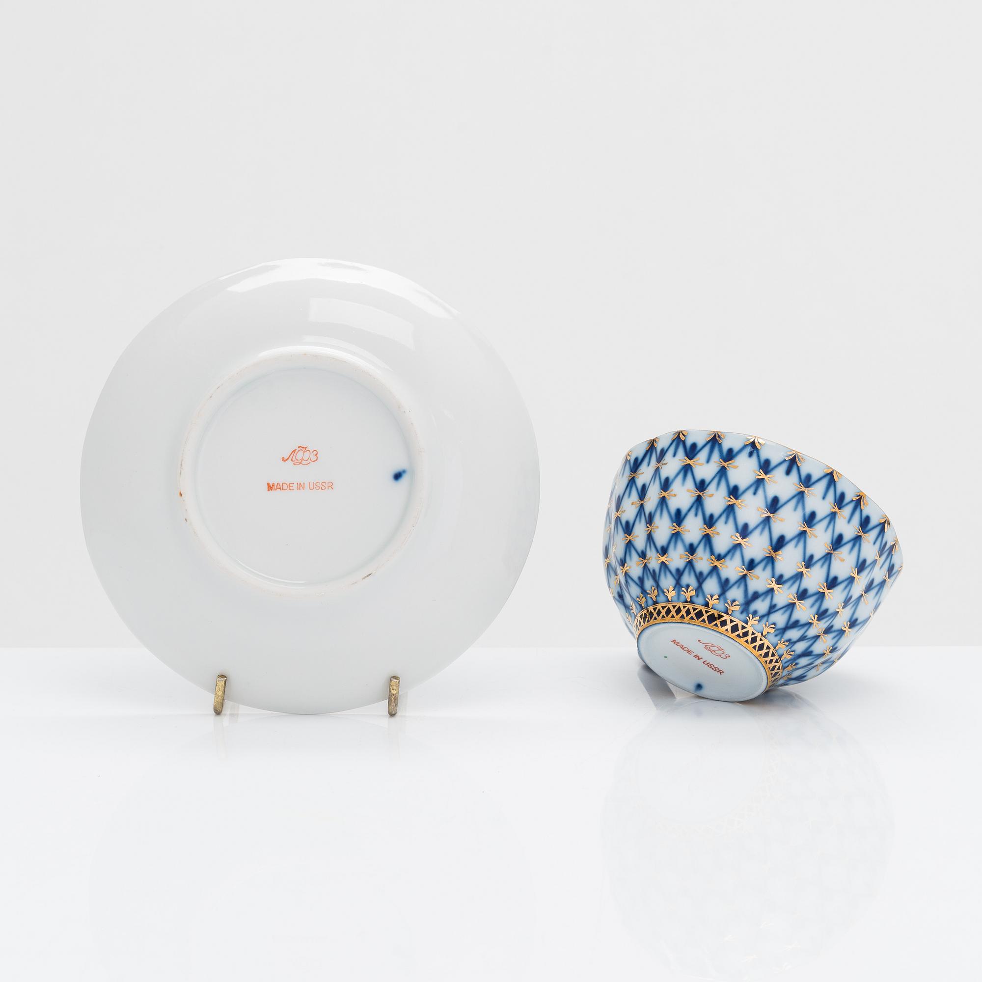 Teservis, 9 dlr, porslin, "Cobalt net", Lomonosov, Sovjetunionen.