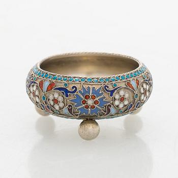 A silver parcel-gilt, cloisonné enamel salt cellar, 1890s.
