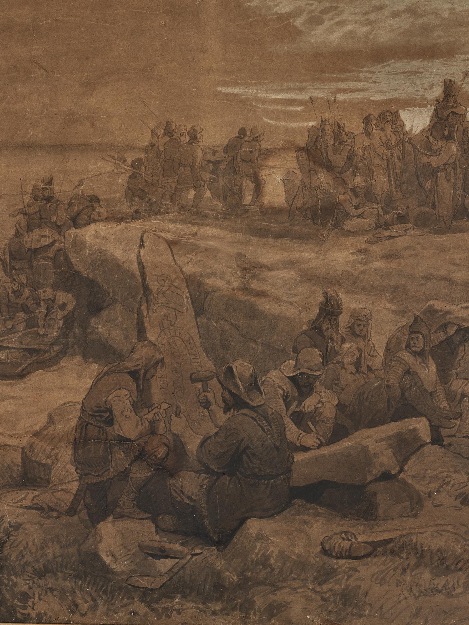 August Malmström och Hans Gude, tuschlavyr på brunt papper förhöjd med vit gouache, signerad Hans Gude och A. Malmström.