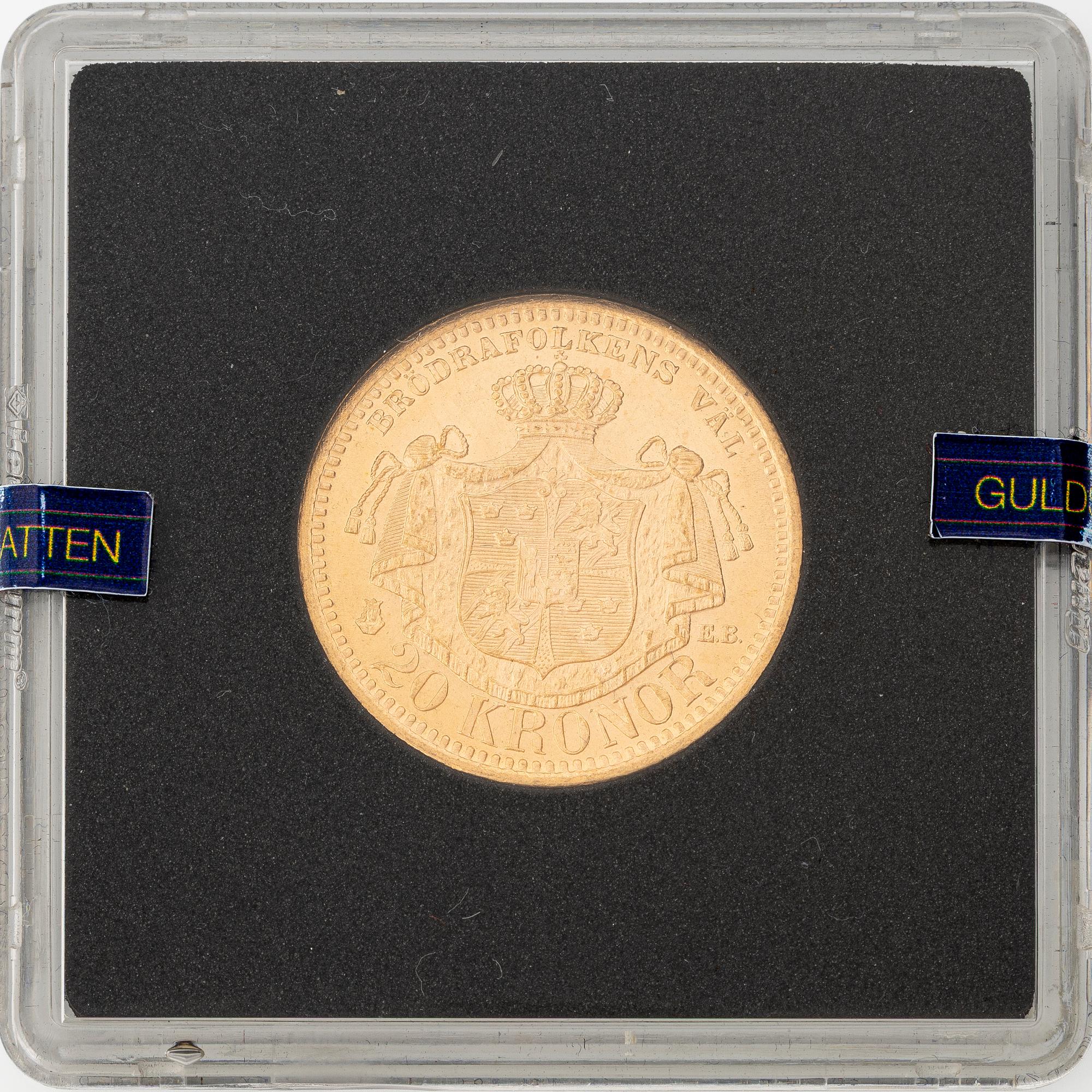 Guldmynt, Oscar II, 20 kronor, typ IV, Sverige 1901.