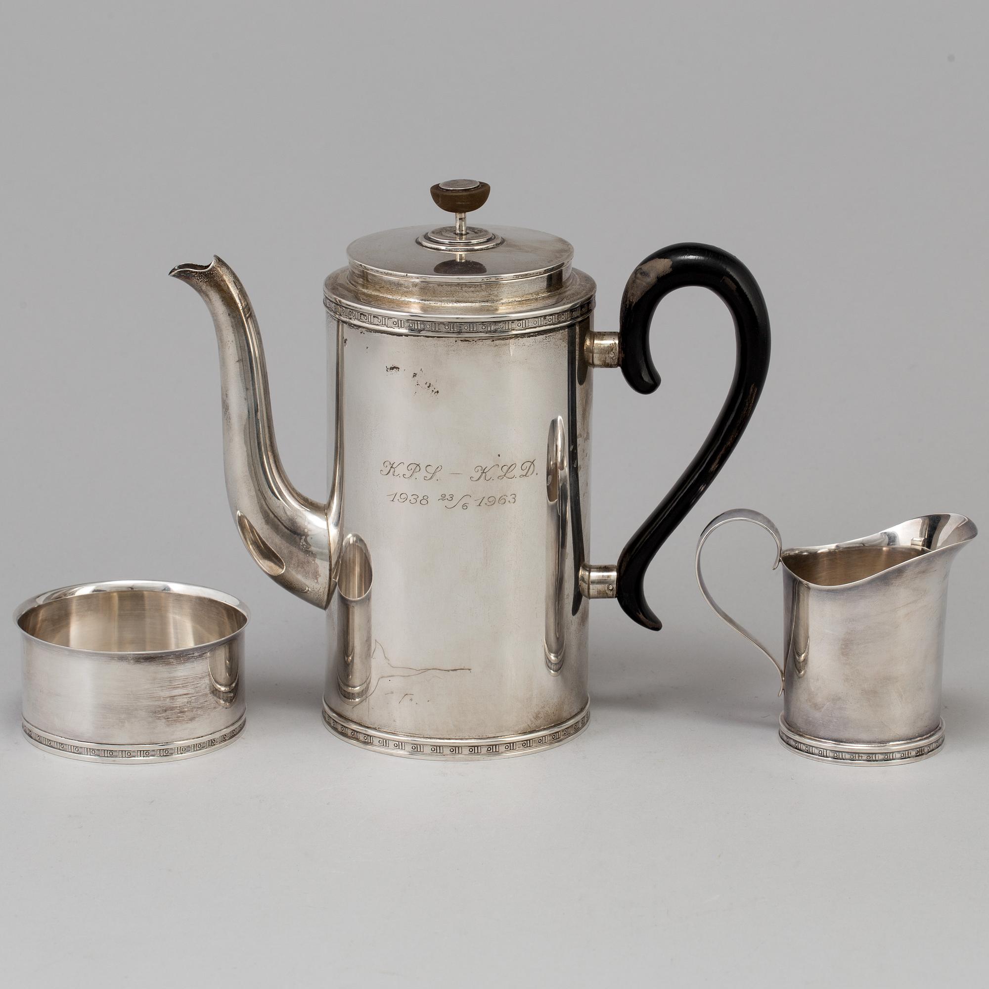 A VERA FERNGREN set of 3 pieces of silver coffee service by CG Hallberag and GAB, Stockholm 1958 and 1963.