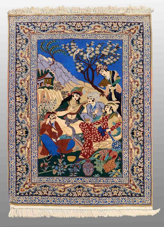 A RUG, Old, Figural Isfahan, part silk, 160 x 110 cm.