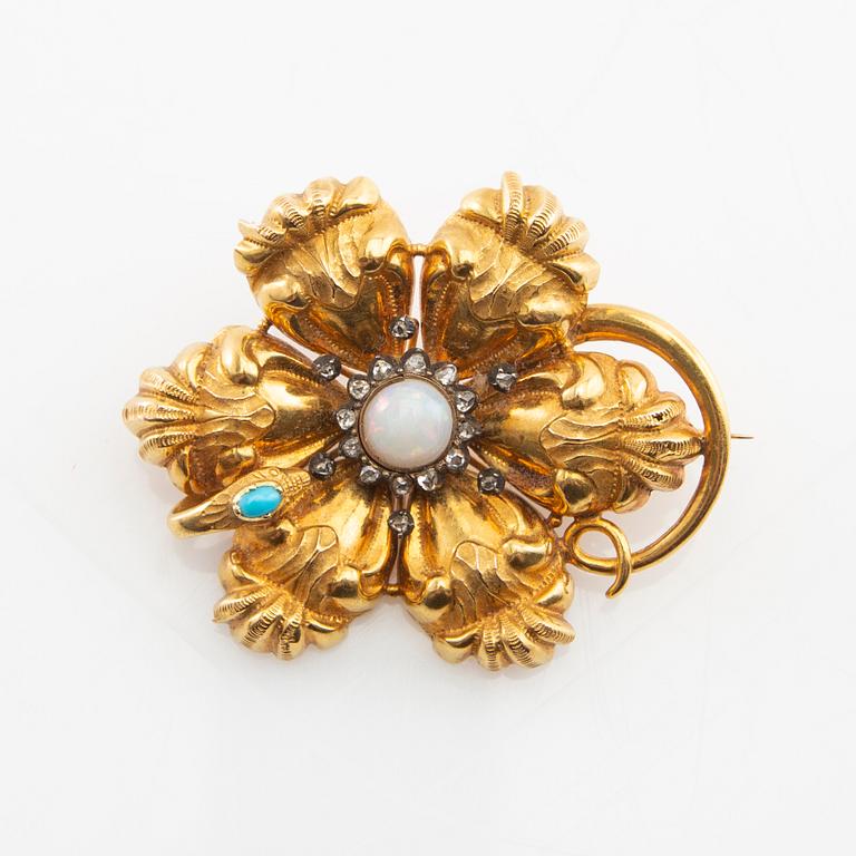 Giron & Löngren, Brooch 18K gold with rose-cut diamonds, cabochon-cut turquoise, and an opal, Stockholm 1832.