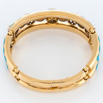 Labitte Frères armband 18K guld med emaljdekor samt rosenslipade diamanter och pärlor.