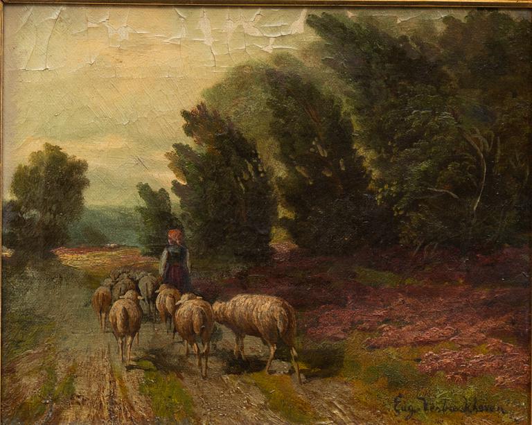 Eugen Joseph Verboeckhoven, his kind, Pastoral landscape with shepherdess and sheep, a pair.
