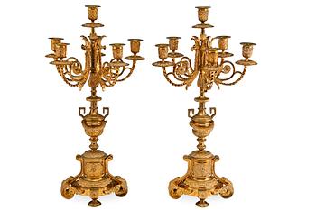 593. A PAIR OF SIX-LIGHT CANDELABRAS.