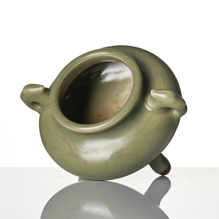 A celadon tripod brush-washer/censer, late Ming dynasty.