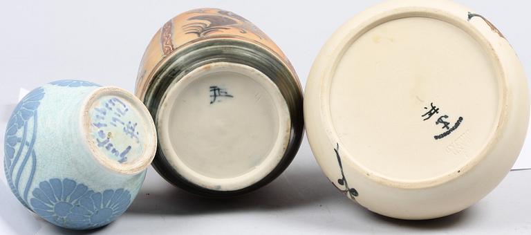 VASER, 3 st, porslin, Josef Ekberg, Gustafsberg, sign. En med dat 1912.