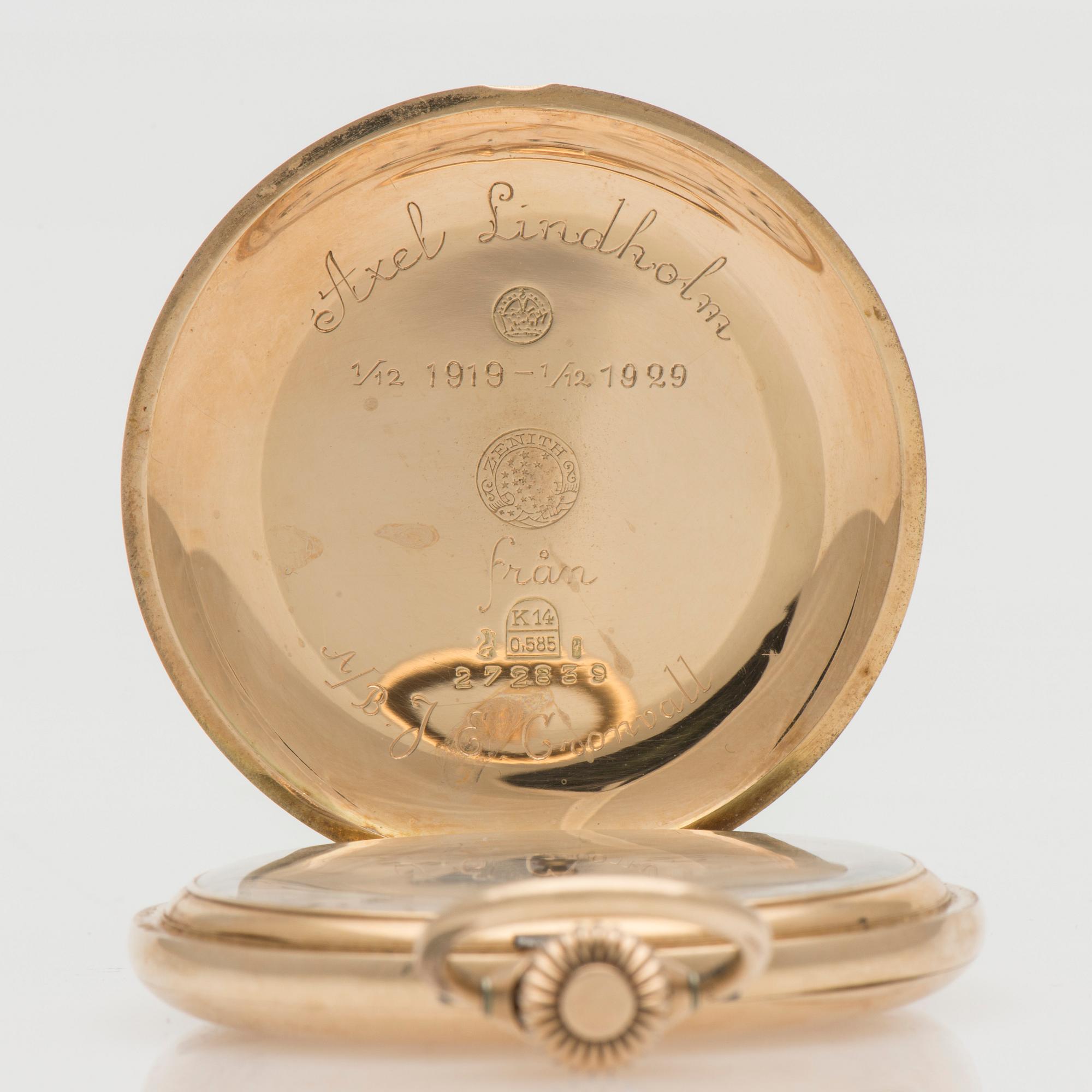 TASKUKELLO, Zenith, umpikuorinen, 14K kultaa, 1900-luvun alku.