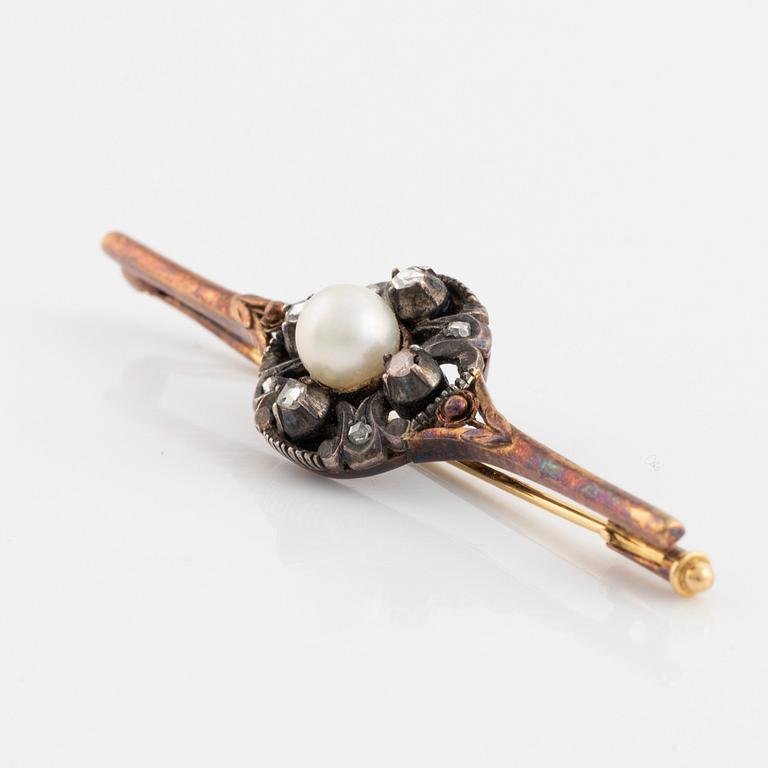 Gold and silver, pearl and rose cut diamond brooch.