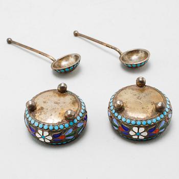 A pair of salt cellars with spoons, silver and enamel, Russia, around turn of the century 1900. Weight 42 g.