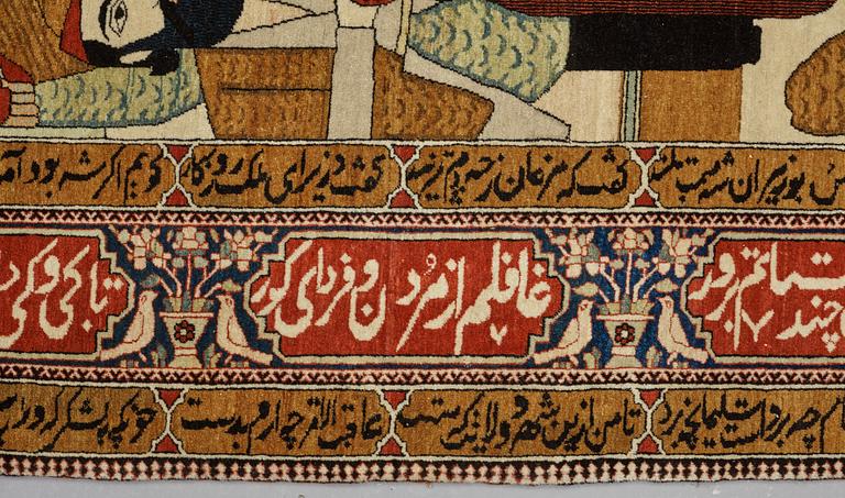 A RUG, a semi-antique Kashan figural, possibly Motachem, ca 202 x 140 cm.