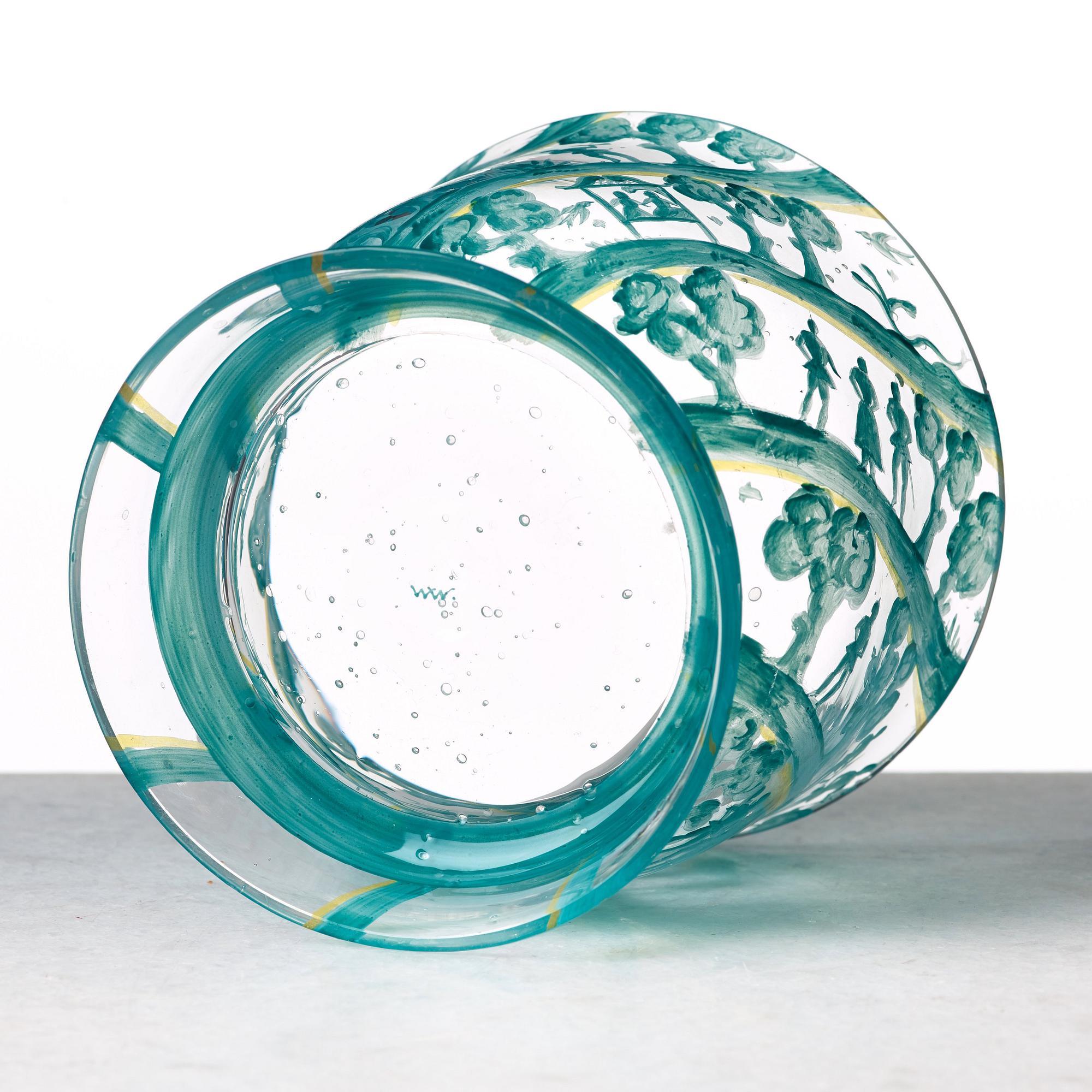 Josef Hoffmann, glasskål med lock Wiener Werkstätte, utförd för Joh. Oertel & Co, Nový Bor (Haida), Tjeckien ca 1917, emaljmålad.