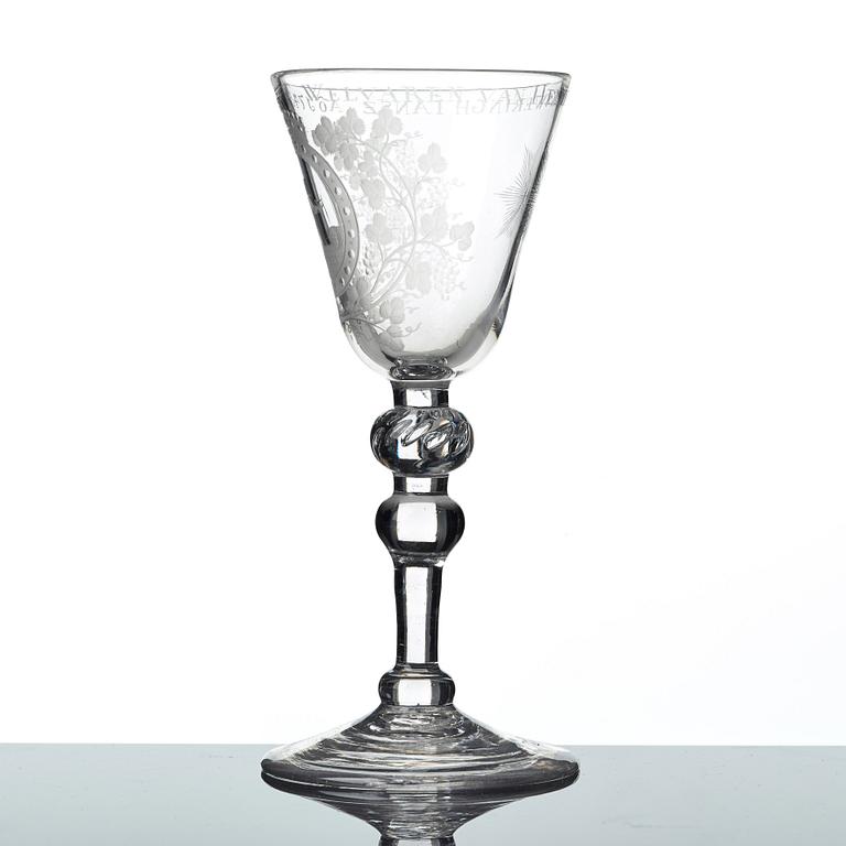 A Dutch engraved glass goblet, 18th Century.