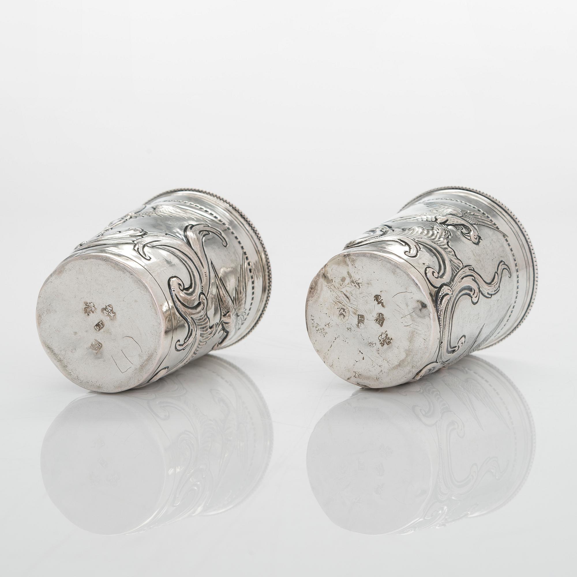 A pair of late 18th-century silver beakers, unknown maker's mark, alderman Alexei Kosirev, Moscow 1791.