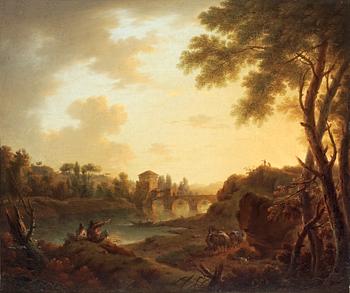 449. John Crome Tillskriven, Sydländskt landskap med rastande och resande figurer.
