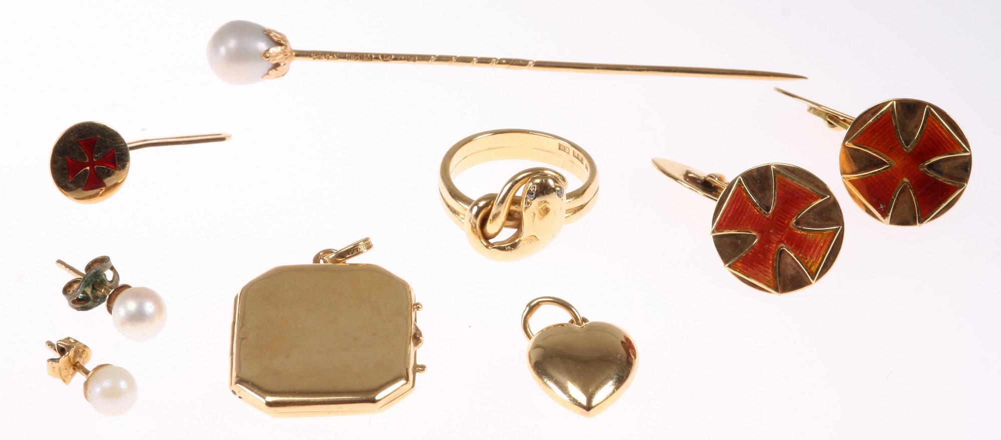PARTI SMYCKEN, 8 delar, mestadels 18K guld, 1900-tal.