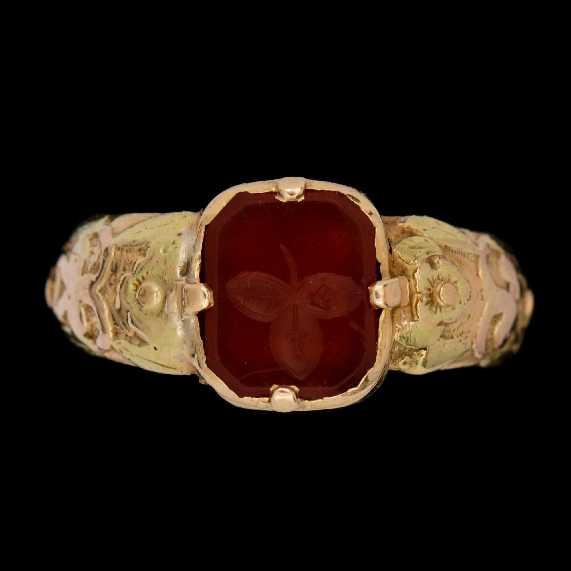 RING, 18 k guld, agat. Carl Tengstedt, Göteborg, 1834. Vikt ca 3 g.