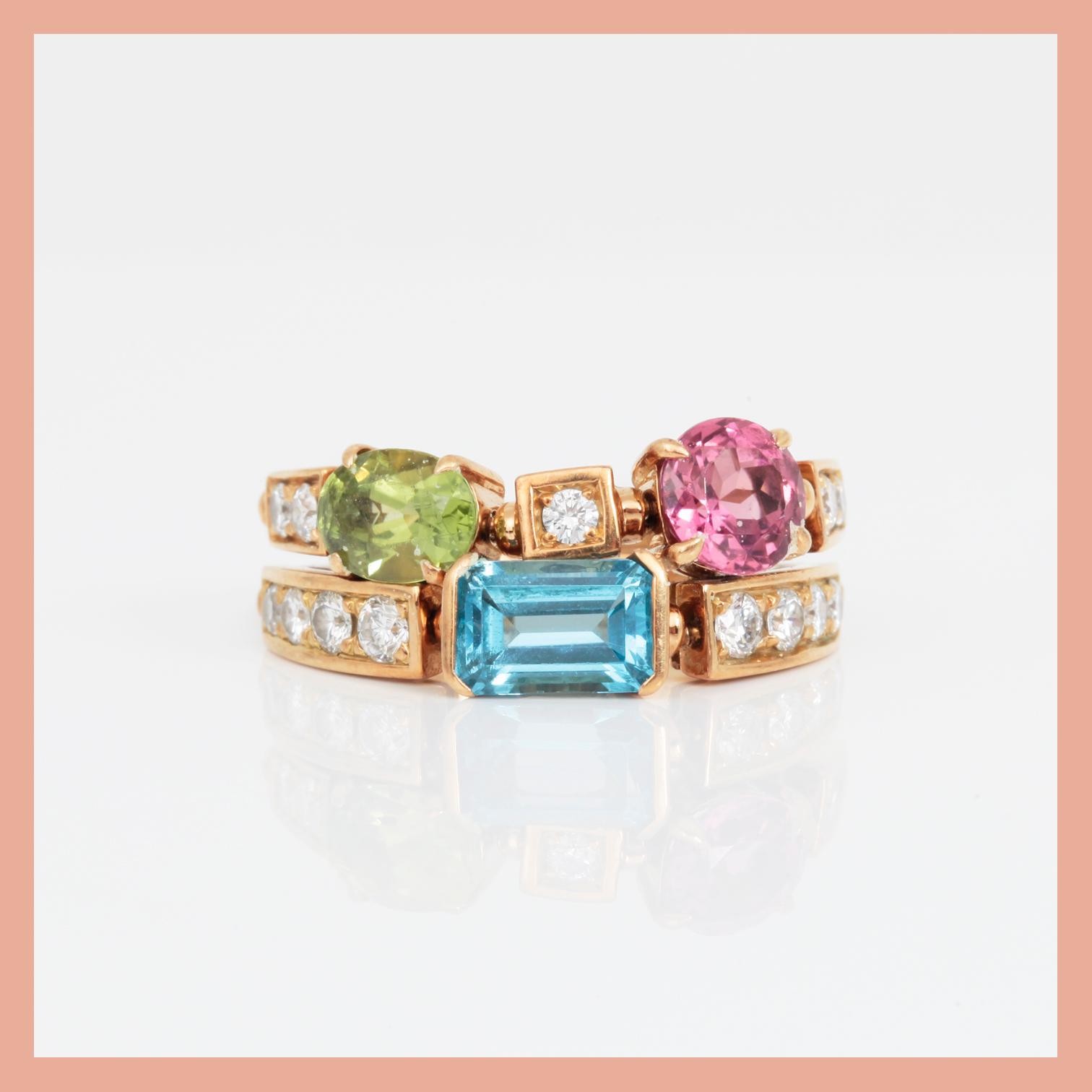 RING, 18K guld med olika färgade stenar, 'Allegra', Bulgari, Italien. Total vikt ca 7,56 g.