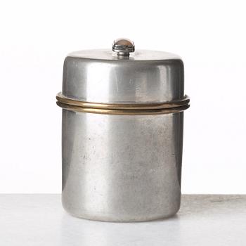 Firma Svenskt Tenn, Anna Petrus & Estrid Ericson, a pewter and brass box, a dish and a jar with cover, Stockholm 1927, 1930 and 1959.