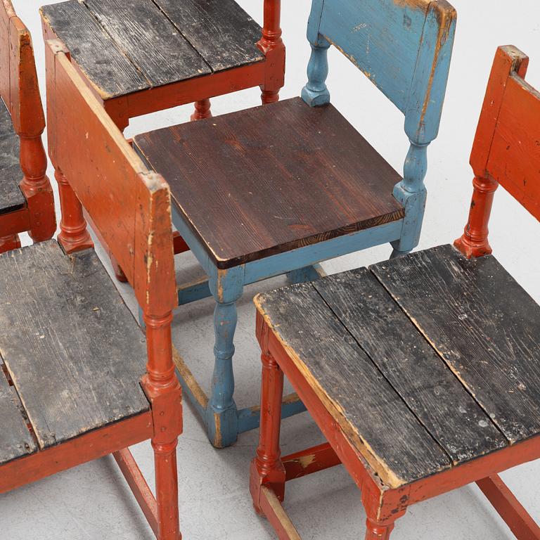 Chairs, five pieces, similar, folk art, late 19th century.