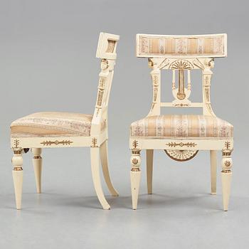 A pair of late Gustavian early 19th century chairs in the manner of Carl Christoffer Gjörwell (1766-1837).