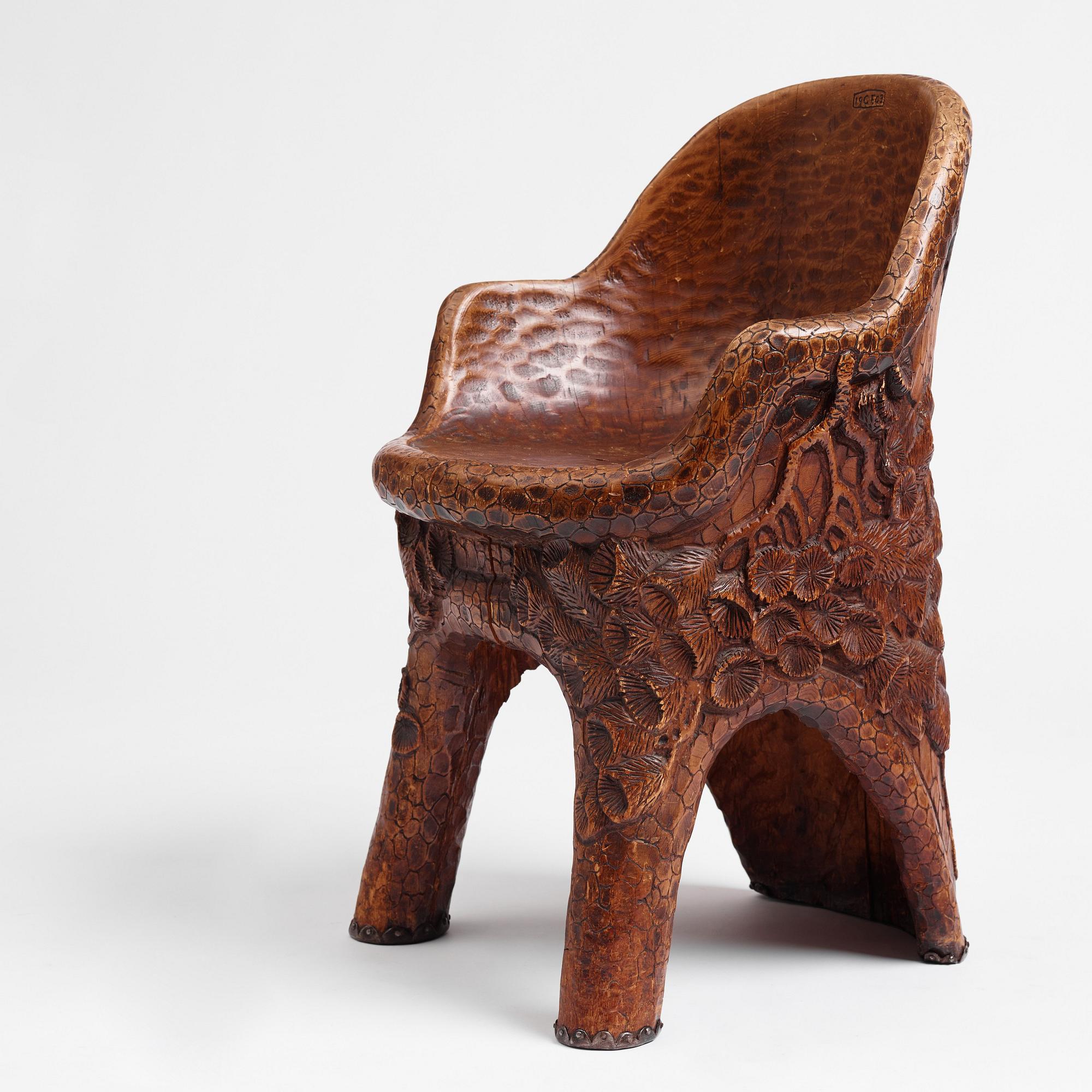 Gustaf Fjaestad, a sculpted Art Nouveau carved pine 'Stabbestol', Värmland, Sweden 1903.