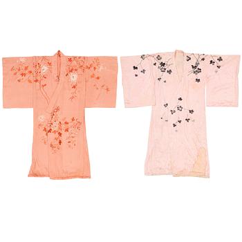 Two embroidered Japanese silk kimonos, 1920's.