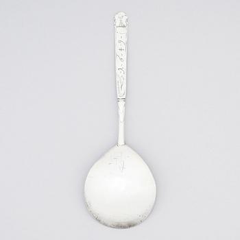 A probably Scandinavian 17th Century silver spoon, unidentified makers mark, engraved 1649.