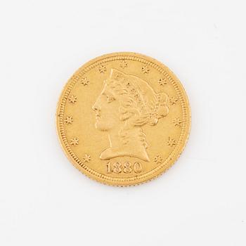 A US 5 dollar goldcoin 1880,