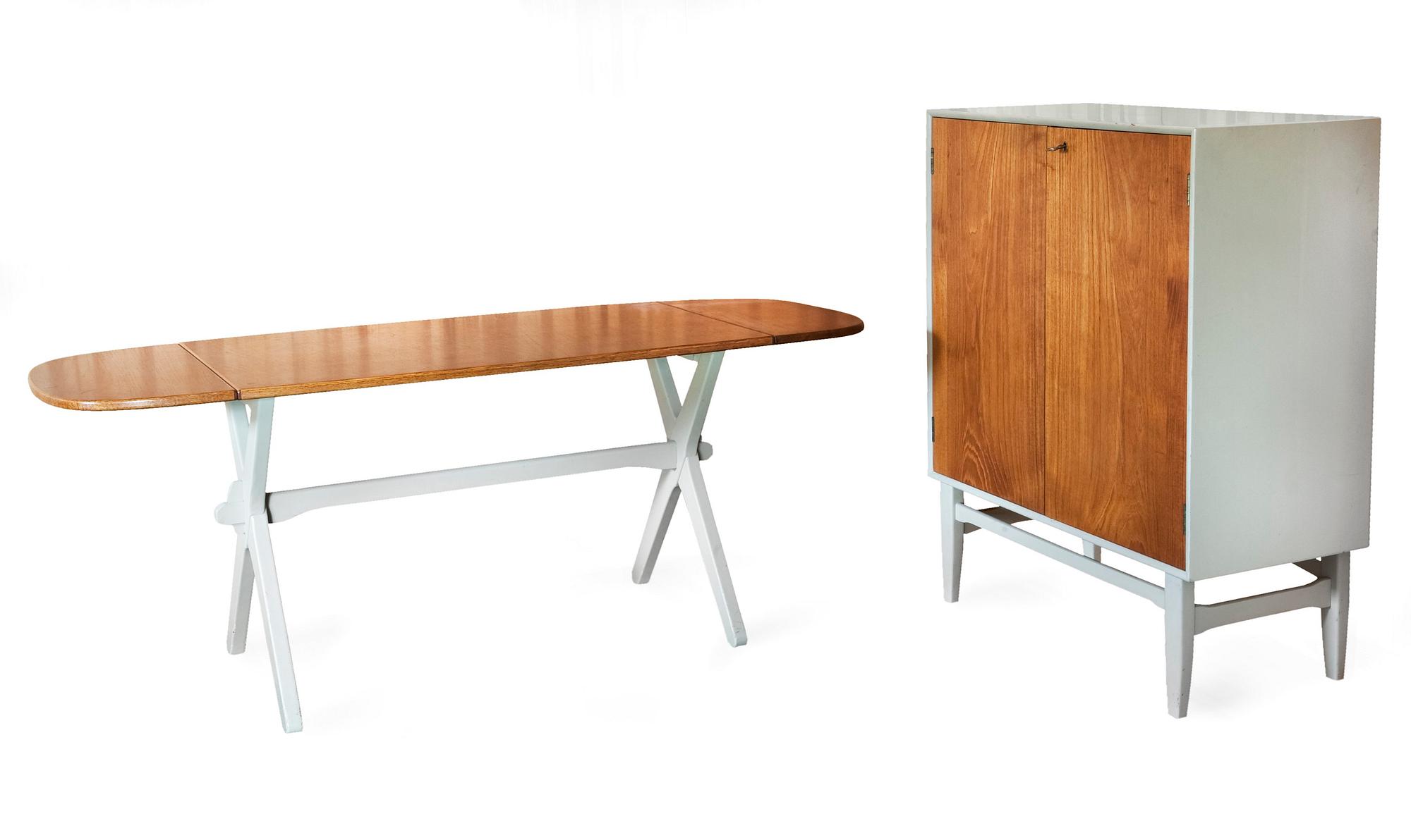 A CABINET AND A SOFA TABLE.