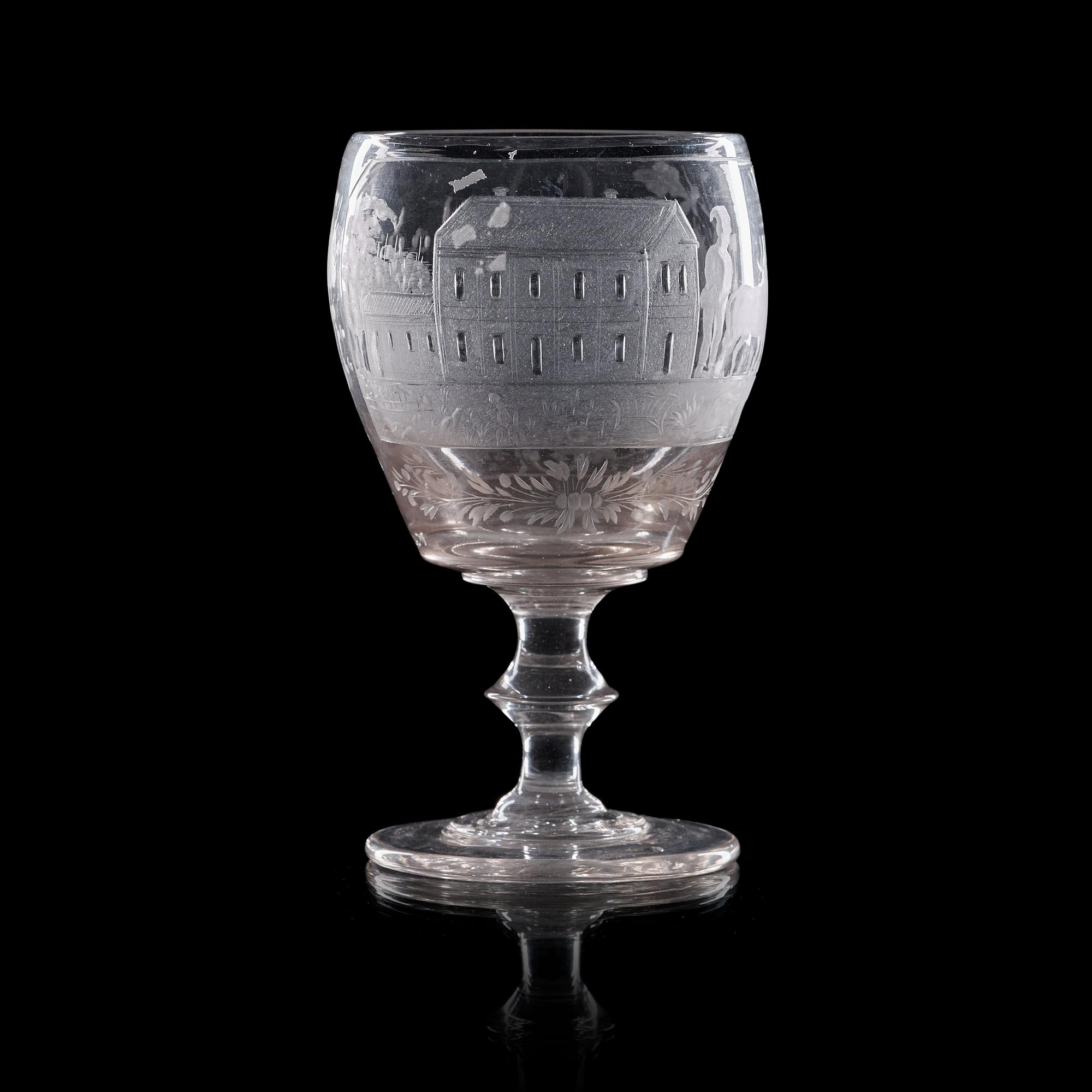 A Danish wedding glass goblet, dated 1860.
